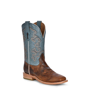 MEN'S BLUE AND HONEY EMBROIDERY WIDE SQUARE TOE RODEO COWBOY BOOT-A4262