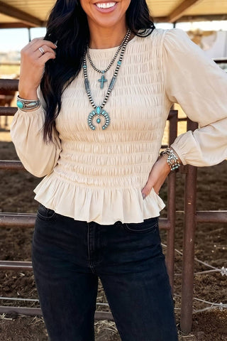 Western Solid Color Smocked Ruffle Hem Long Sleeve Blouse: Coffee / S