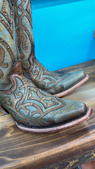Corral Ladies Turquoise & Brown Embroidery & Studs Leather Boots C3750
