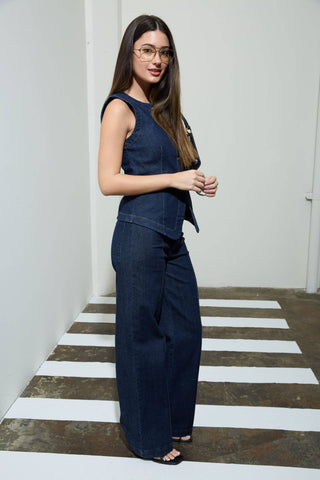 ROUND NECK BUTTON DOWN SLEEVELESS DENIM VEST : DENIM