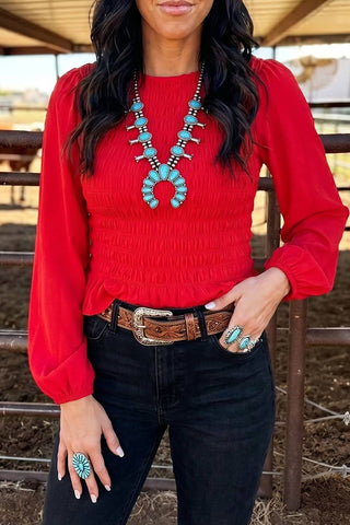 Western Solid Color Smocked Ruffle Hem Long Sleeve Blouse: Coffee / L