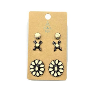 Western 3 Pair Turquoise Earring Set: White