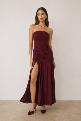 Strapless Ruched Maxi Dress(MOCHA)FD14352-CP991