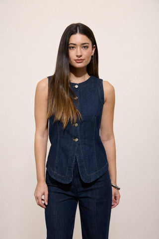ROUND NECK BUTTON DOWN SLEEVELESS DENIM VEST : DENIM