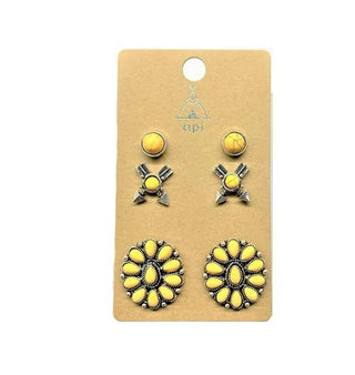 Western 3 Pair Turquoise Earring Set: White
