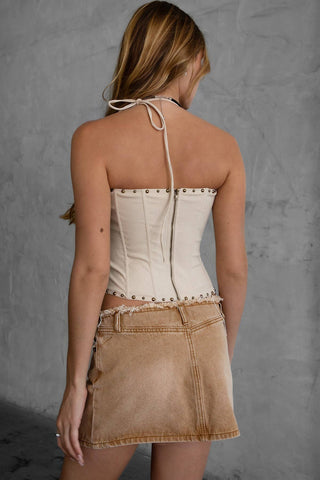 RAELYNN Embroidered Western Halter Bustier Corset Top: (Cream)