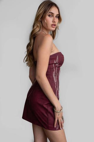 ARIZONA  Embroidered Western Strapless Bodycon Mini Dress: Dark Red /