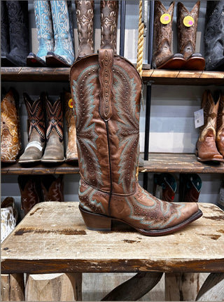 Corral Tan Embroidery & Hand Painted & Studs Snip Toe Boot C3684