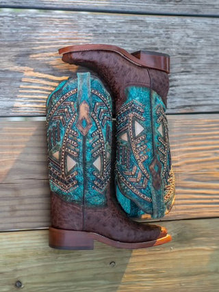 WOMEN'S TURQUOISE EMBROIDERY, STUDED WITH WOVEN DETAIL BROWN OSTRICH SQUARE TOE RODEO BOOT (A4059)