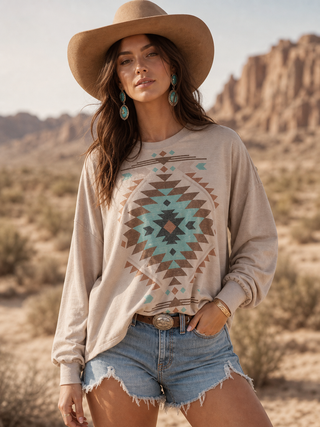 AV1171-KELLY AZTEC GRAPHIC SWEATSHIRT : Khaki / Contemporary / L