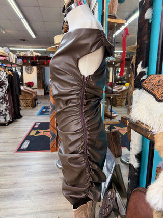 Women’s Pleather Ruched Mini Dress -(Brown) D10792