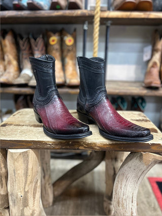 Los Altos BURGUNDY OSTRICH LEG Ankle Boot SQUARE Toe Side Zipper 76B0543