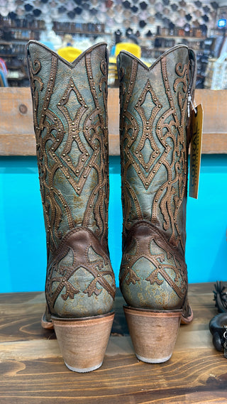 Corral Ladies Turquoise & Brown Embroidery & Studs Leather Boots C3750