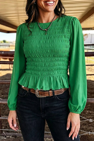Western Solid Color Smocked Ruffle Hem Long Sleeve Blouse: Coffee / L