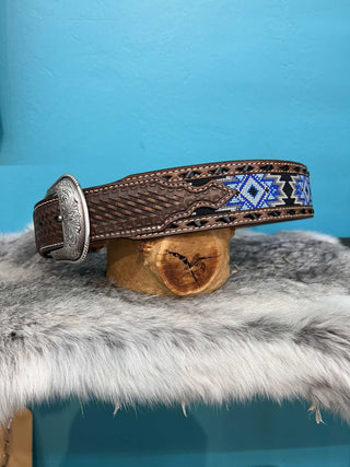 3D Men’s Diamond Inlay Embossed Belt - (Brown/Blue) D100017002