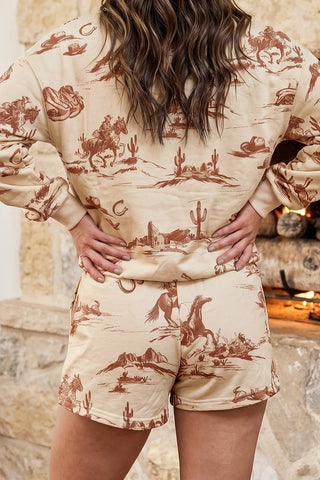 Western Print Loose Fit Long Sleeve Top Short Set: Beige / M