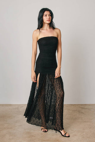 Ruched Strapless Lace Maxi Dress(Black)-FD13082-CP1009