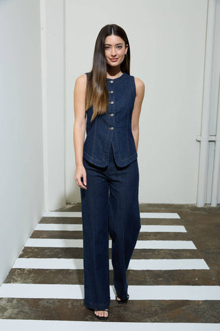 ROUND NECK BUTTON DOWN SLEEVELESS DENIM VEST : DENIM