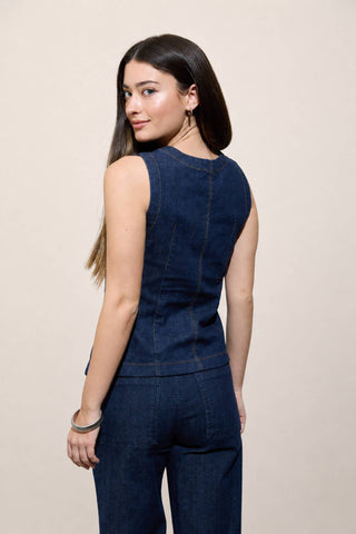 ROUND NECK BUTTON DOWN SLEEVELESS DENIM VEST : DENIM