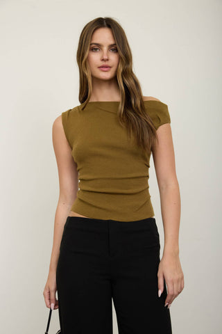 ASYMMETRIC BOAT NECK FITTED KNIT SWEATER TOP: BLACK