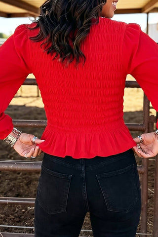Western Solid Color Smocked Ruffle Hem Long Sleeve Blouse: Coffee / S