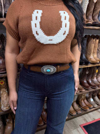 Women’s Horseshoe Short Sleeve Knit Top (Chestnut)