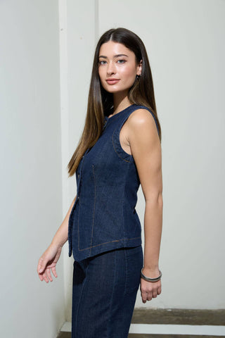 ROUND NECK BUTTON DOWN SLEEVELESS DENIM VEST : DENIM