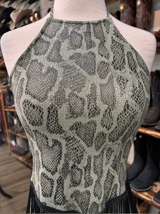 Saints & Hearts Faux Snake Skin Fringe Halter Top – Green