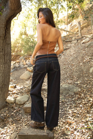 SIENNA Eyelet Faux Suede Halter Bustier V Neck Top: Tan