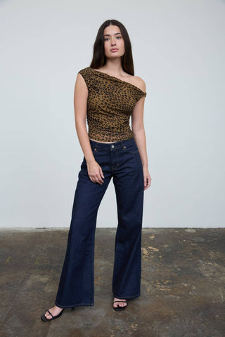 LEOPARD ASYMMETRICAL NECK TWIST DETAIL KNIT TOP: TAUPE MULTI