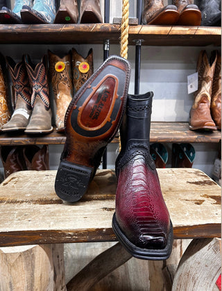 Los Altos BURGUNDY OSTRICH LEG Ankle Boot SQUARE Toe Side Zipper 76B0543