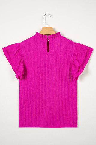 White/Rose Textured Ruffle Trim Short Sleeve Blouse: White / XL