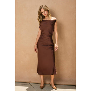 Satin Metal Trim Cowl Ruched Midi Dress: RUM RAISIN / S-M-L(2-2-2)