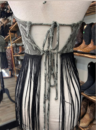 Saints & Hearts Faux Snake Skin Fringe Halter Top – Green