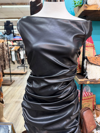 Women’s Pleather Ruched Mini Dress -(Black) D10792