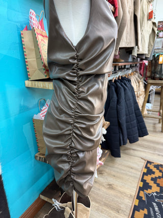 Women’s Pleather Ruched Mini Dress -(Brown) D10792