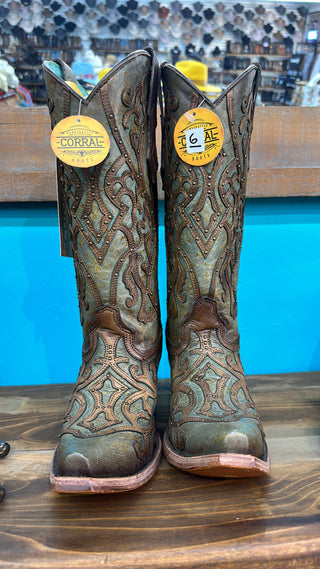 Corral Ladies Turquoise & Brown Embroidery & Studs Leather Boots C3750