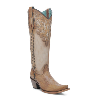 C4218 - WOMEN'S HONEY OVERLAY EMBROIDERY AND STUDS TALL TOP BONE SNIP TOE COWBOY BOOT