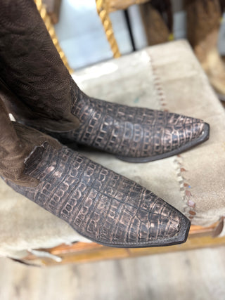 Los Altos Mens Snip Toe Caiman Belly Sanded Brown Cowboy Boot 948235