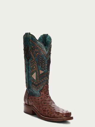 WOMEN'S TURQUOISE EMBROIDERY, STUDED WITH WOVEN DETAIL BROWN OSTRICH SQUARE TOE RODEO BOOT (A4059)