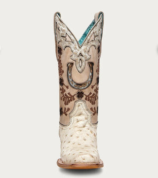 WOMEN'S FLORAL AND HORSE-SHOE EMBROIDERY, WOVEN AND OVERLAY COWHIDE AND OSTRICH SQUARE TOE (Ivory)-A4850