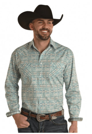 Panhandle Mens Aztec Print Shirt(Turquoise)-RMN2S02213