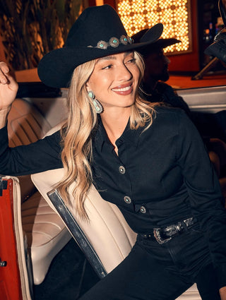 Wrangler Womens Slim Concho Button Shirt Black - 112371916