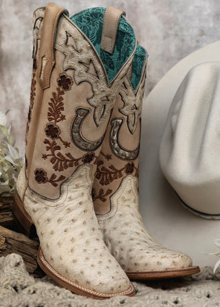 WOMEN'S FLORAL AND HORSE-SHOE EMBROIDERY, WOVEN AND OVERLAY COWHIDE AND OSTRICH SQUARE TOE (Ivory)-A4850