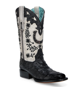 WOMEN'S FLORAL AND HORSE-SHOE EMBROIDERY, WOVEN AND OVERLAY COWHIDE AND OSTRICH SQUARE TOE (Black)-A4849