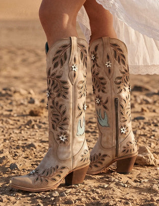 WOMEN'S STRAW LASER, FLOWERS AND BIRDS INLAY AND CRYSTALS TALL TOP SNIP TOE COWBOY BOOT-Z5429