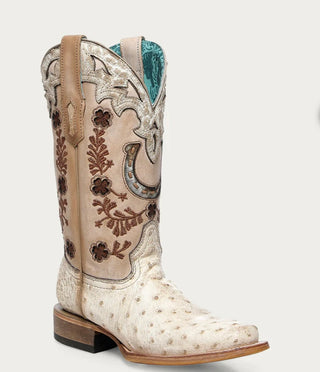 WOMEN'S FLORAL AND HORSE-SHOE EMBROIDERY, WOVEN AND OVERLAY COWHIDE AND OSTRICH SQUARE TOE (Ivory)-A4850