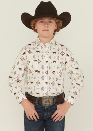 Panhandle Boys Steer Long Sleeve Snap Shirt (Tan) RBN2S06528