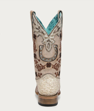 WOMEN'S FLORAL AND HORSE-SHOE EMBROIDERY, WOVEN AND OVERLAY COWHIDE AND OSTRICH SQUARE TOE (Ivory)-A4850