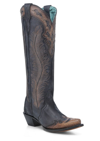 Corral Boots Womens Honey Feather Crackled Embroidered Tooled Inlay Studded Snip Toe